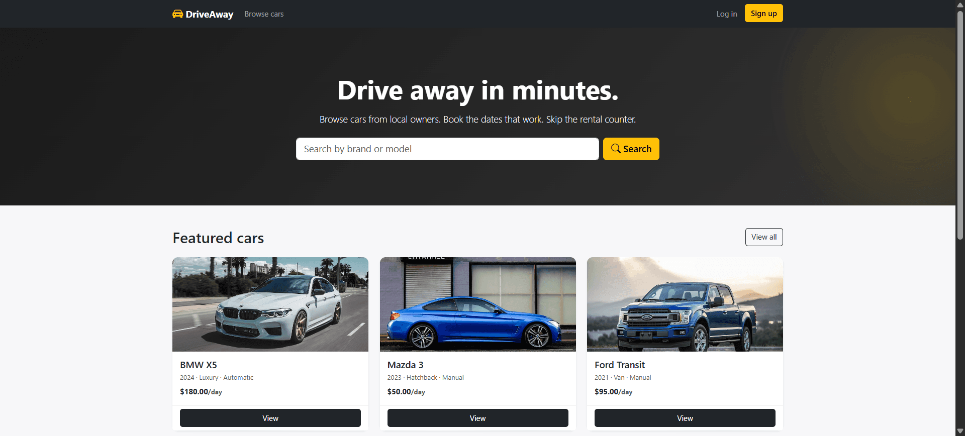 Car Rental — peer-to-peer rental marketplace browsing and booking flow
