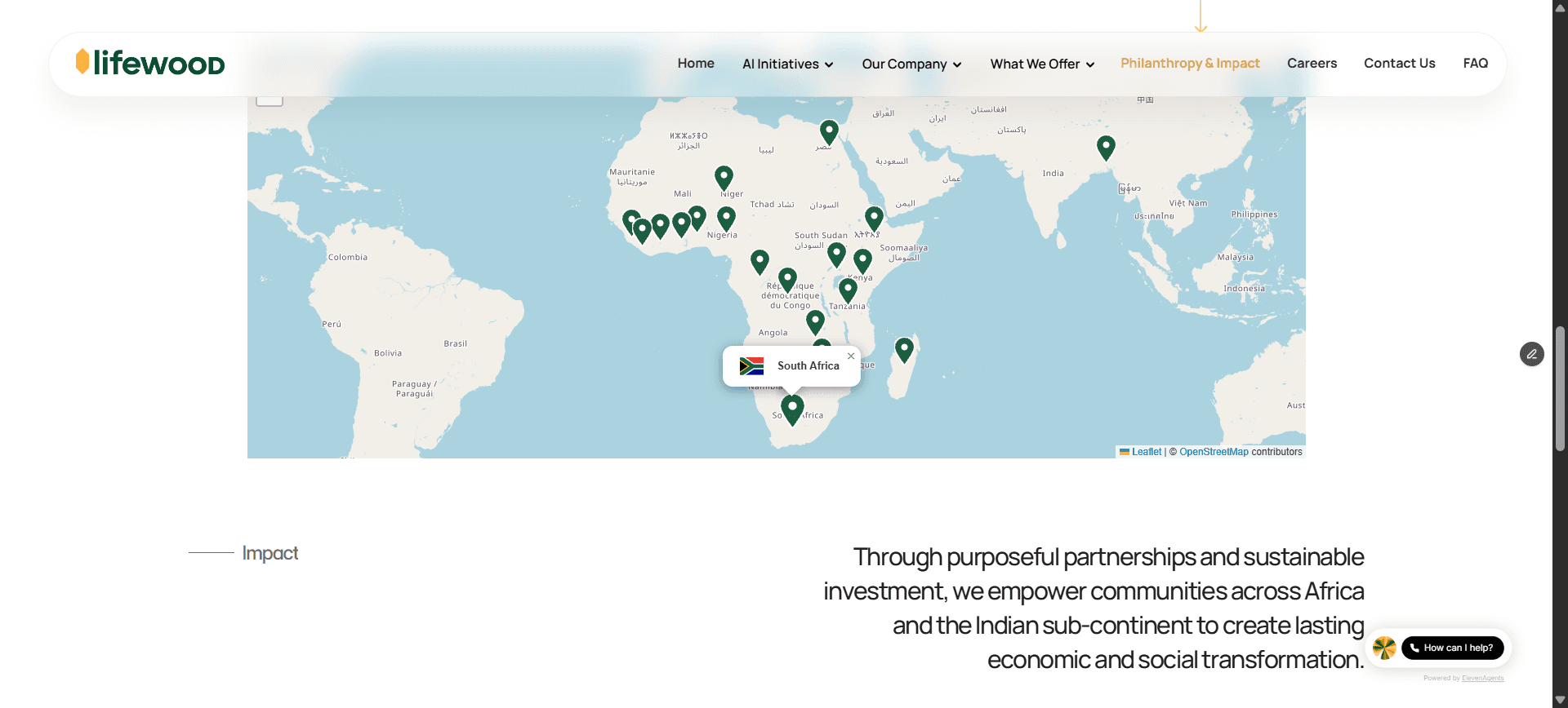 Africa Map, embeddable interactive map of Lifewood's operating countries with green pins and flag popups