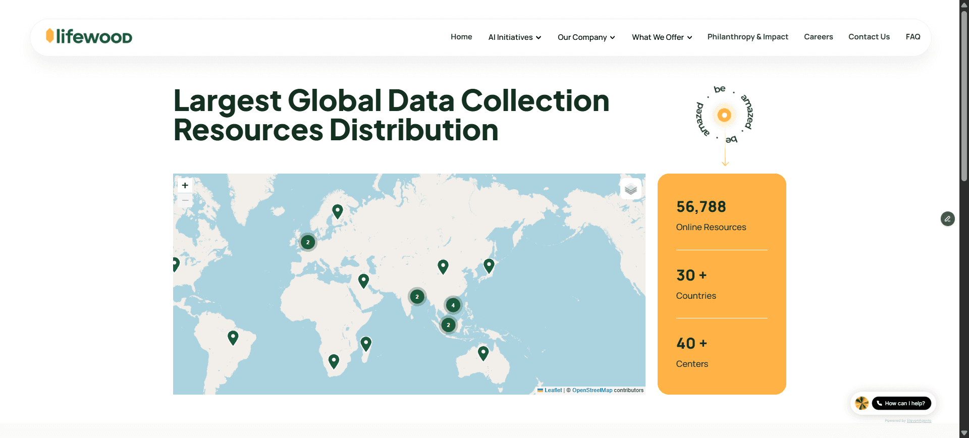 Worldwide Map, embeddable interactive map of Lifewood's 30+ global offices with branded pins and clustering