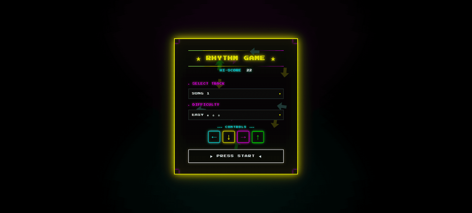 Rhythm Game — four-lane browser rhythm game with neon retro arcade aesthetics
