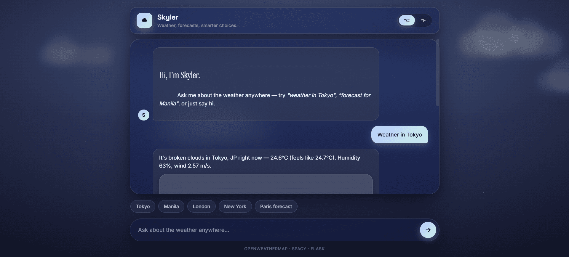 Skyler Chatbot — conversational weather assistant interface