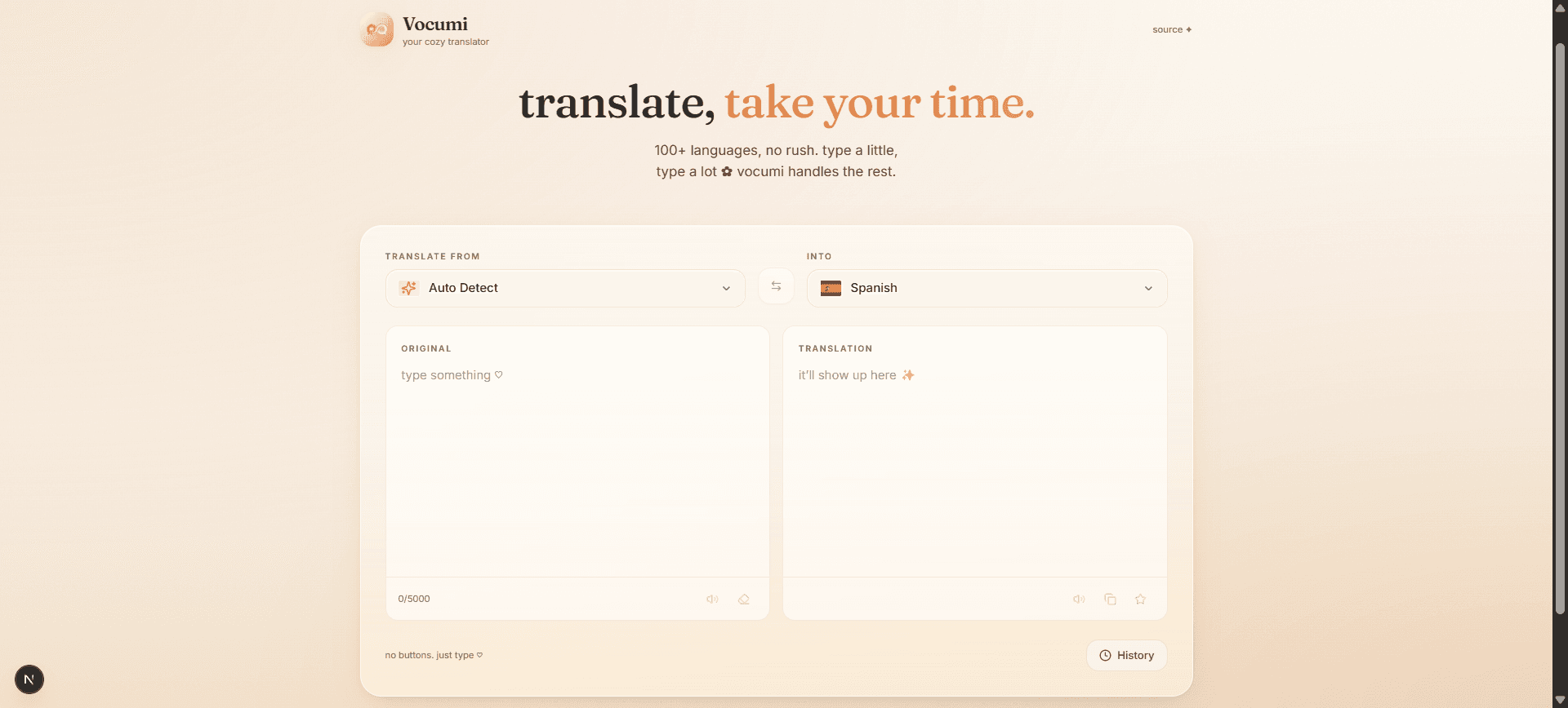 Vocumi Translator — calm web translator with translate-as-you-type and 100+ languages